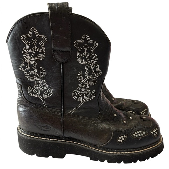 Roper Black Leather Cowboy Boots Rhinestones Lug soles Western Size 9 - Picture 1 of 12